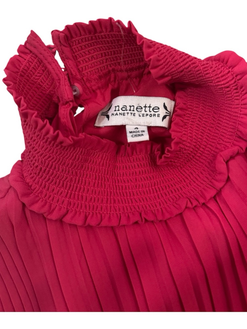 Nanette Lepore Girls' Bright Pink Smocked Ruffle Neck Pleated Top